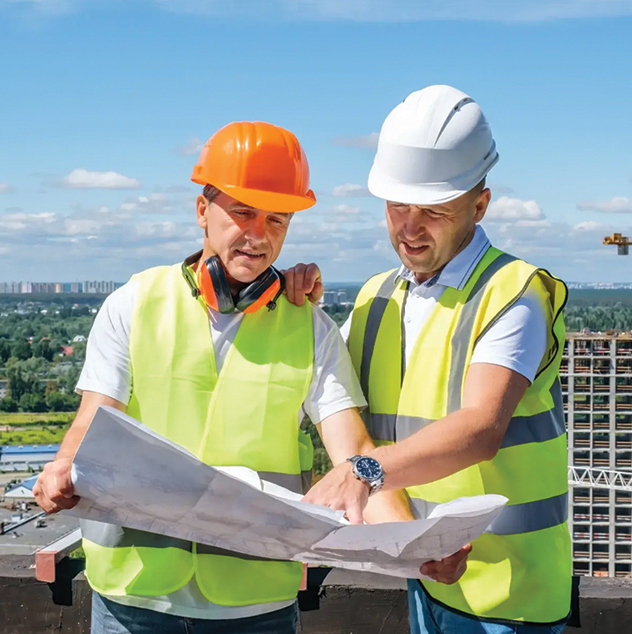 roofing contractors reviewing specs on site